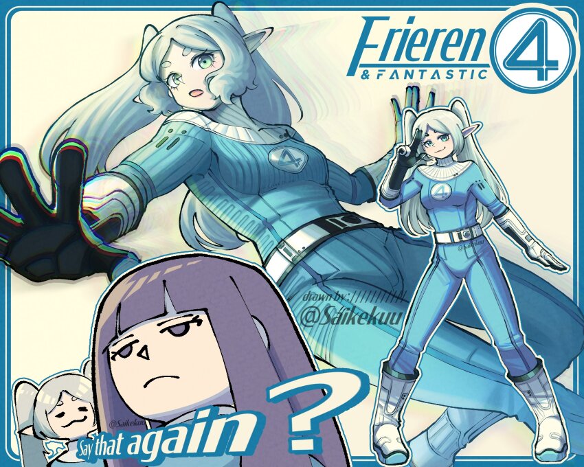 2girls ? artist_name blue_bodysuit bodysuit closed_mouth commentary cosplay elf english_commentary english_text fantastic_four fern_(sousou_no_frieren) frieren gloves green_eyes highres long_hair marvel multiple_girls open_mouth pointy_ears purple_eyes purple_hair saikekuu sousou_no_frieren straight_hair sue_storm sue_storm_(cosplay) twintails white_background white_bodysuit white_hair