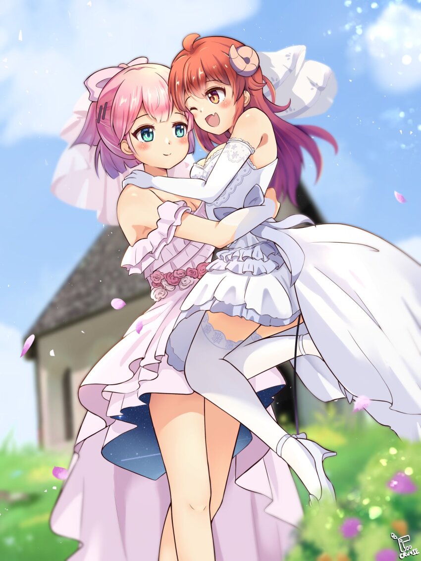 2girls ahoge artist_name blue_eyes blue_sky blush_stickers breasts bridal_gauntlets bride brown_eyes chiyoda_momo cleavage cloud cruvie day demon_girl demon_horns demon_tail dress elbow_gloves eye_contact fang female_focus flower gloves grass hair_ornament hair_ribbon hairclip high_heels highres horns hug hut lace lace-trimmed_thighhighs lace_trim large_breasts lifting_person long_hair looking_at_another machikado_mazoku multiple_girls open_mouth outdoors petals pink_hair red_hair ribbon shoes short_hair skin_fang sky smile tail thighhighs wedding_dress white_gloves white_shoes white_thighhighs wife_and_wife yoshida_yuuko_(machikado_mazoku) yuri