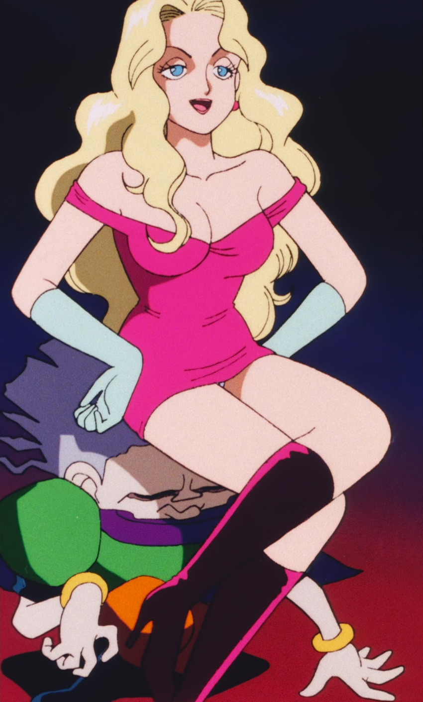 1girl adjusting_clothes bare_legs breasts cleavage dress earrings gloves highres injury jewelry large_breasts long_hair marilyn_(red_baron) panties pink_dress red_baron_(anime) screencap sitting sitting_on_person size_difference standing third-party_edit underwear very_long_hair white_panties wide_hips