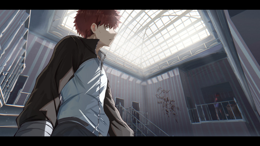 1boy architecture black_jacket blood blue_skirt bookshelf building choker crazy_mita_(miside) crazy_smile crossover dark emiya_shirou fate/stay_night fate_(series) flower_hairtie from_below glitch glowing glowing_eyes hairband highres horror_(theme) igote indoors jacket light_particles light_rays loaded_interior look-alike looking_up miside mita_(miside) multiple_crossover no_humans orange_hair raglan_sleeves red_choker red_hair red_hairband red_shirt red_sweater scenery shadow shirt shokobr skirt sky smile solo stairs stuffed_flower sweater trait_connection white_jacket window