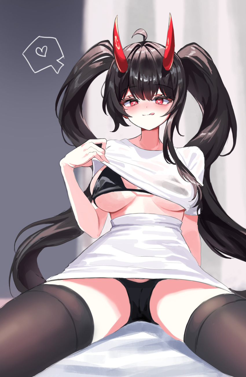 1girl :q absurdres ahoge black_bra black_hair black_panties bra breasts breasts_apart brown_thighhighs closed_mouth clothes_lift crop_top demon_horns hand_up heart heart-shaped_pupils high-waist_skirt highres horns large_breasts lifting_own_clothes long_hair looking_at_viewer original panties q_cupid_p3 red_eyes shirt shirt_lift short_sleeves sitting skirt smile solo spoken_heart spread_legs string_bra symbol-shaped_pupils thighhighs tongue tongue_out twintails underwear very_long_hair white_shirt white_skirt