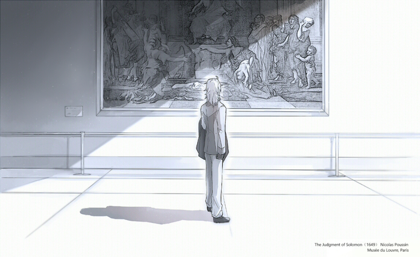 1boy art_gallery borrowed_inset facing_away fate/grand_order fate_(series) fine_art from_behind full_body gloves greyscale holding holding_jacket holding_unworn_clothes indoors jacket long_hair long_sleeves male_focus monochrome painting_(object) pants railing romani_archaman ruoyin shirt shoes solo standing the_judgement_of_solomon tile_floor tiles unworn_jacket wide_shot