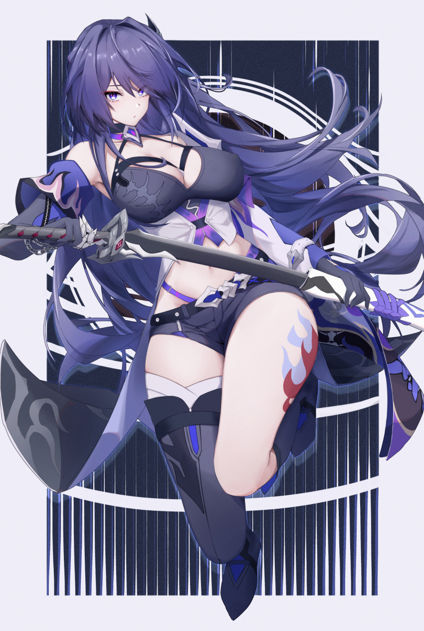 acheron_(honkai:_star_rail) armor bandaged_leg bandages belt black_belt black_choker black_gloves black_shirt black_shorts boots breasts chain chain_around_arm choker cleavage closed_mouth coat coattails commentary criss-cross_halter crop_top drawing_sword elbow_gloves full_body gloves hair_ornament halterneck highres holding holding_sheath holding_sword holding_weapon honkai:_star_rail honkai_(series) katana knee_boots large_breasts leg_tattoo long_hair looking_at_viewer midriff multicolored_hair navel purple_eyes purple_hair ru_yan scabbard sheath shirt shorts shoulder_armor single_bare_shoulder single_elbow_glove single_knee_boot single_thigh_boot streaked_hair sword symbol-only_commentary tattoo thigh_boots unsheathing very_long_hair weapon white_coat