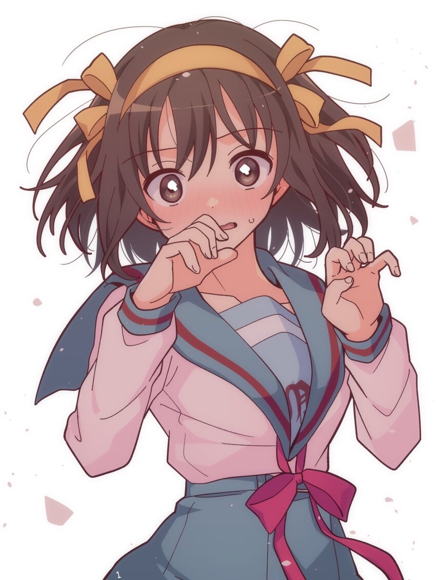 1girl blue_sailor_collar blue_skirt blush breasts brown_eyes brown_hair collarbone commentary_request hair_ribbon hairband hands_up highres kita_high_school_uniform long_sleeves looking_at_viewer medium_hair open_mouth red_ribbon ribbon sailor_collar school_uniform serafuku shirt simple_background skirt solo standing suzumiya_haruhi suzumiya_haruhi_no_yuuutsu sweatdrop taiki_(6240taiki) tongue white_background white_shirt winter_uniform yellow_hairband yellow_ribbon