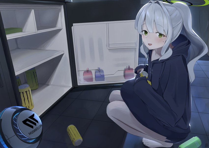 1girl :d absurdres barefoot black_hoodie blue_archive blunt_bangs blush can commentary_request drone energy_drink from_side full_body ganba_artworks green_eyes green_halo grey_hair hair_intakes halo hare_(blue_archive) highres holding holding_can hood hood_down hoodie indoors long_hair looking_at_viewer night on_floor open_mouth ponytail refrigerator refrigerator_interior sidelocks sleeves_past_wrists smile solo squatting sweatdrop tile_floor tiles toes