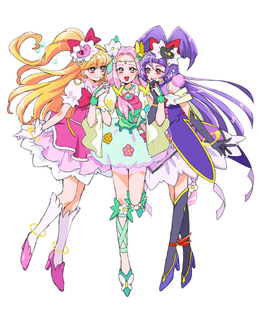 3girls :d asahina_mirai black_gloves black_hat black_socks blonde_hair bow closed_mouth cure_felice cure_magical cure_miracle elbow_gloves floating_hair full_body gloves green_eyes grin hair_bow hanami_kotoha hat highres holding_hands izayoi_liko kneehighs layered_skirt long_hair looking_at_another mahou_girls_precure! mini_hat miniskirt multiple_girls open_mouth pink_hair pink_hat pink_skirt precure purple_eyes purple_hair red_bow red_eyes shirako_love simple_background skirt smile socks twintails underbust very_long_hair white_background white_gloves white_skirt white_socks witch_hat