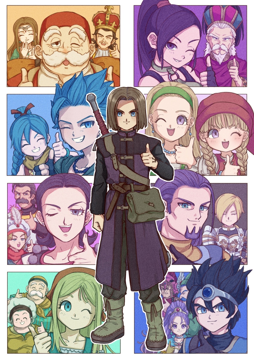 6+boys 6+girls ;d amagosi_koto ancestor_and_descendant aqua_eyes armor bandana bead_necklace beads black_gloves black_hair blonde_hair blue_eyes blue_gemstone blue_hair boots border bow bracelet braid brother_and_sister brown_hair camus_(dq11) carnelian_(dq11) circlet commentary_request crown diego_(dq11) dirndl dragon_quest dragon_quest_xi earrings eleanor_(dq11) emma_(dq11) everyone facial_hair faris_(dq11) father_and_daughter father_and_son fez_hat film_grain fingerless_gloves gem german_clothes gloves grandfather_and_grandson green_boots green_hairband greig_(dq11) grey_hair grin hair_bow hair_pulled_back hair_slicked_back hairband hand_tattoo hat hat_feather hero_(dq11) high_braided_ponytail high_ponytail highres homeros_(dq11) husband_and_wife irwin_(dq11) jewelry king long_hair low_ponytail low_twin_braids martina_(dq11) maya_(dq11) mirror_twins mother_and_son multiple_boys multiple_girls mustache necklace nerusen o-ring o-ring_top old old_man one_eye_closed open_mouth orange_bandana parted_hair perla_(dq11) ponytail purple_eyes purple_facial_hair purple_hair red_bow red_hat roche_(dq11) row_(dq11) scarf senica_(dq11) senya_(dq11) short_hair siblings silver_circlet single_bang sisters smile sphere_earrings spiked_hair stud_earrings sword sword_on_back sylvia_(dq11) tattoo teo_(dq11) thumbs_up twin_braids twins uranus_(dq11) veronica_(dq11) weapon weapon_on_back white_border white_facial_hair white_hair yellow_scarf