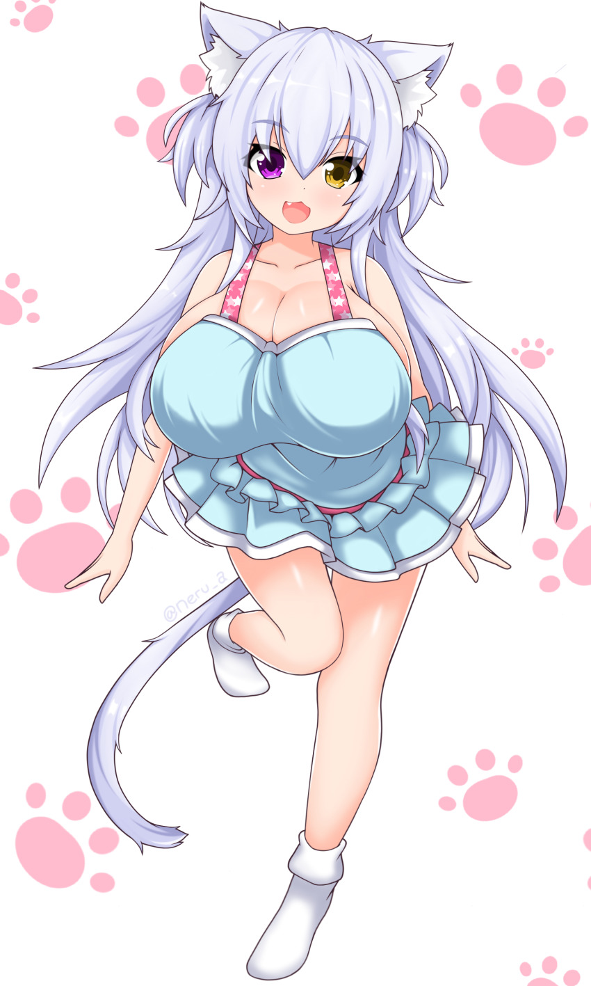 1girl absurdres animal_ear_fluff animal_ears bad_id bad_pixiv_id breasts cat_ears cat_tail cleavage enru fang female_focus heterochromia highres huge_breasts long_hair miniskirt open_mouth original paw_print paw_print_background pleated_skirt purple_eyes silver_hair simple_background skirt smile socks solo tail tank_top very_long_hair yellow_eyes