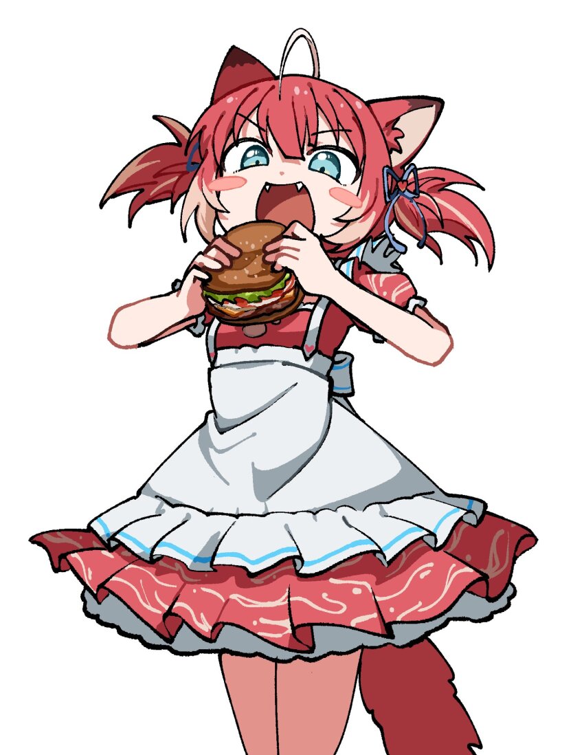 1girl :d ahoge akami_karubi animal_ears apron aqua_eyes blush_stickers burger choker cowboy_shot crazy_raccoon dress dyed_ahoge fangs food frilled_apron frills hair_ribbon highres holding holding_food looking_at_food multicolored_hair odayaka open_mouth orange_hair pleated_dress puffy_short_sleeves puffy_sleeves raccoon_ears raccoon_girl raccoon_tail red_dress red_hair ribbon short_hair short_sleeves simple_background smile solo standing tail twintails v-shaped_eyebrows virtual_youtuber white_background white_hair