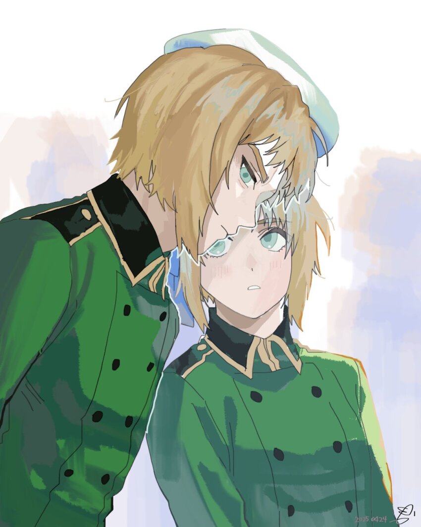 1boy 1girl axis_powers_hetalia beret blonde_hair blush brother_and_sister green_eyes hair_ribbon hat highres jacket liechtenstein_(hetalia) looking_at_another looking_at_viewer military_jacket military_uniform momoka_(abc_momoka0718) open_mouth ribbon short_hair siblings switzerland_(hetalia) upper_body