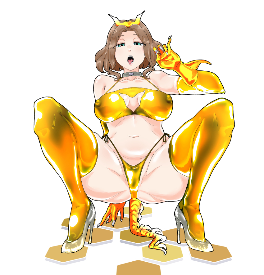 1girl absurdres ass bikini breasts breasts_apart brown_hair choker cleavage cleavage_cutout clothing_cutout collar cosplay covered_erect_nipples crest engi_(animation_studio) fake_claws fake_tail fellatio_gesture gamera_(series) gamera_-rebirth- gloves gluteal_fold gold_bikini green_eyes gyaos gyaos_(cosplay) headband high_heels highres kadokawa kaiju legs_apart looking_at_viewer medium_breasts melchiorri_emiko modoki_tako monster revealing_clothes sagging_breasts sexually_suggestive shoes side-tie_bikini_bottom silver_shoes simple_background squatting swimsuit tail teeth thighhighs tiara tiles tongue tongue_out variant_set white_background