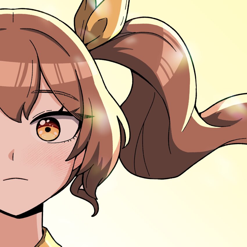 1girl absurdres blush brown_hair closed_mouth highres long_hair ponytail ribbon ryoung_10 side_ponytail simple_background solo solo_focus surprised victory_(waktaverse) waktaverse yellow_collar yellow_eyes yellow_ribbon