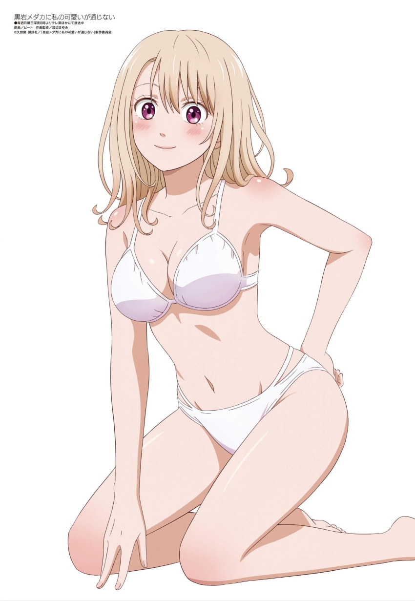 1girl absurdres arm_at_side bare_shoulders belly bikini blonde_hair blush breasts brown_shoes cleavage clenched_hand closed_mouth collarbone dot_nose dress_shirt happy highres kawai_mona kneeling knees_together_feet_apart kuroiwa_medaka_ni_watashi_no_kawaii_ga_tsuujinai large_breasts long_hair looking_at_viewer magazine_scan medium_breasts medium_hair megami_magazine midriff multi-strapped_bikini_bottom navel official_art purple_eyes scan shirt shoes simple_background smile solo stomach swimsuit thighs transparent_background white_background white_bikini