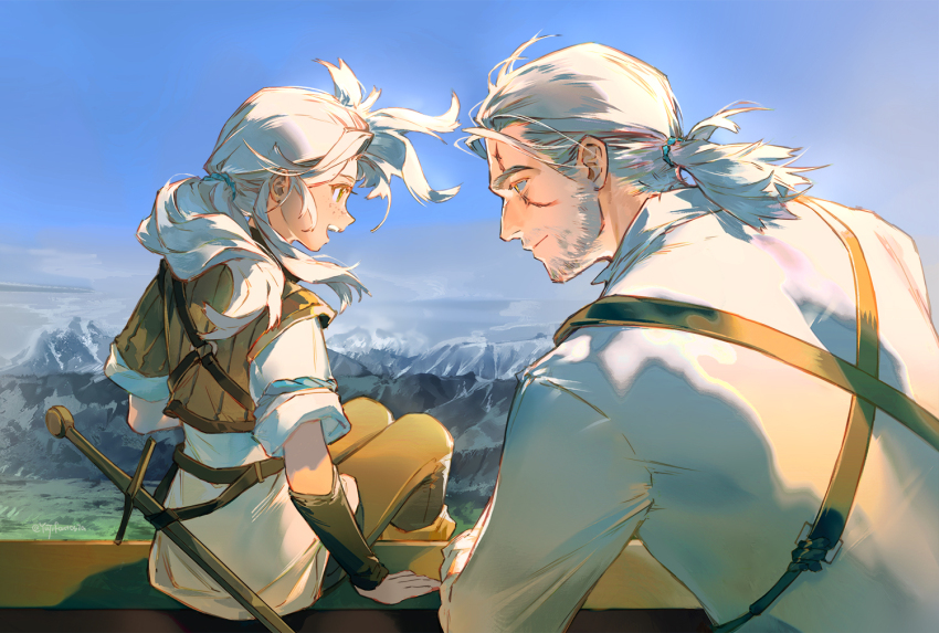 1boy 1girl aged_down beard blue_eyes blue_sky child ciri cloud day facial_hair floating_hair freckles geralt_of_rivia green_eyes grey_hair long_hair long_sleeves mountainous_horizon outdoors ponytail profile scar scar_across_eye scar_on_face shirt short_sleeves sitting sky smile sword teeth the_witcher_(series) the_witcher_3 upper_teeth_only weapon white_shirt yuji_(fantasia)