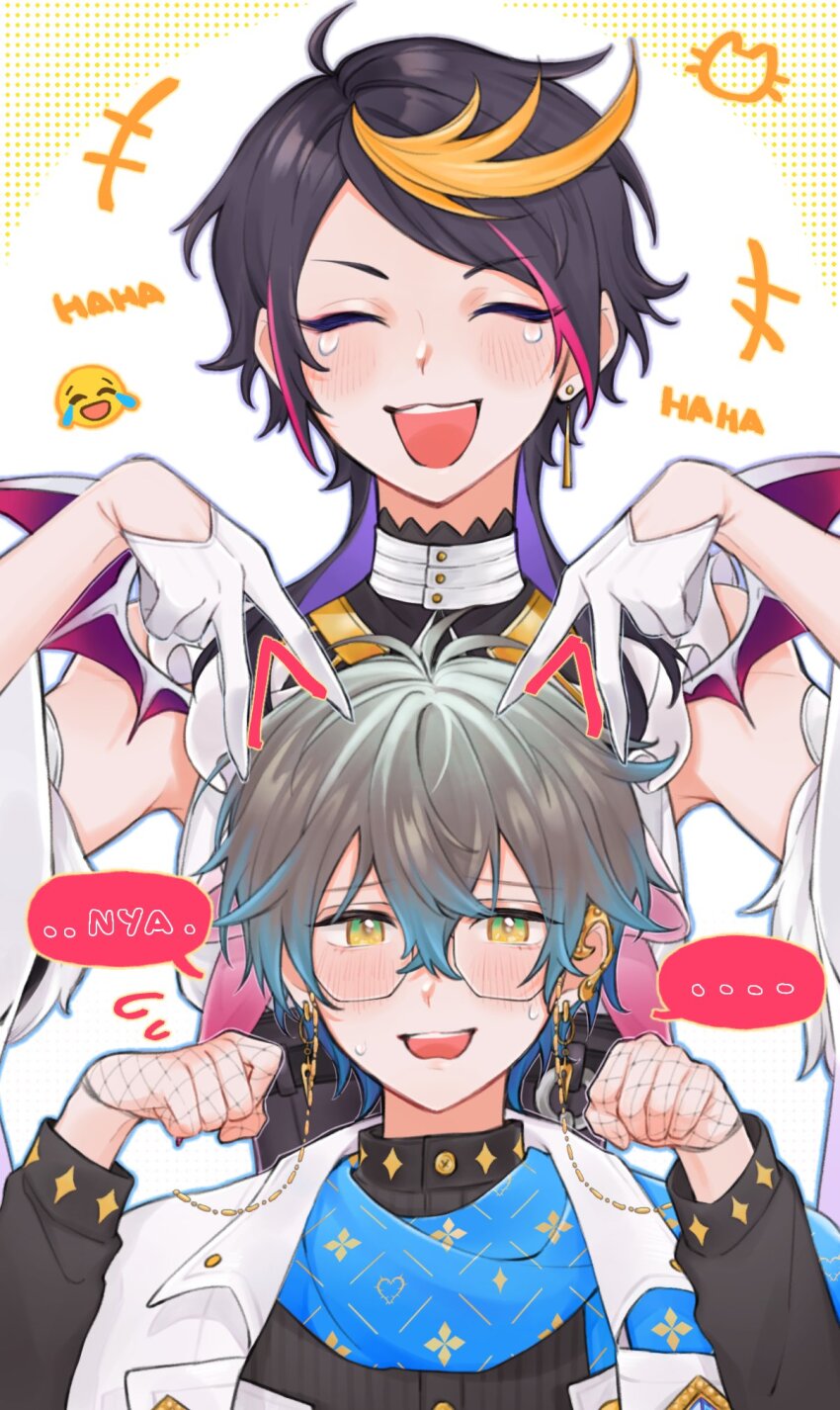 2boys :d ahoge black_corset black_hair black_shirt blonde_hair blue_hair blue_scarf blush closed_eyes corset demon_wings detached_sleeves double_v drawn_ears earrings emoji facing_viewer fishnet_gloves fishnets flying_sweatdrops gloves green_eyes grey_hair hair_between_eyes half_gloves highres hoop_earrings ike_eveland ike_eveland_(1st_costume) jacket jewelry long_sleeves looking_at_viewer male_focus meat_(1229) multicolored_eyes multicolored_hair multiple_boys nijisanji nijisanji_en open_mouth paw_pose scarf shirt shu_yamino shu_yamino_(1st_costume) single_earring sleeveless smile speech_bubble streaked_hair tearing_up teeth turtleneck upper_body upper_teeth_only v virtual_youtuber white_gloves white_jacket white_shirt wings yellow_eyes