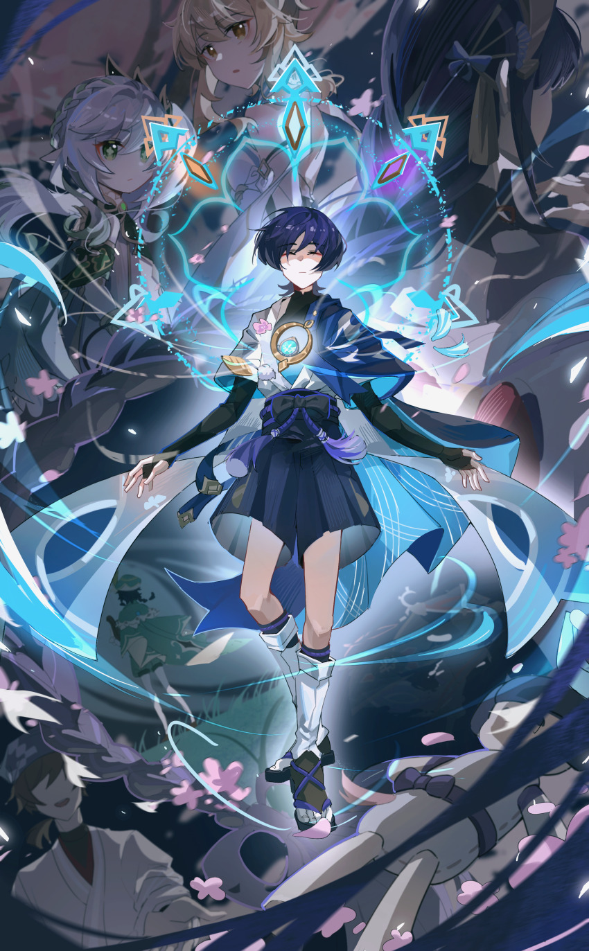 3boys 3girls absurdres blonde_hair braid bridal_gauntlets buddhism capelet character_doll cherry_blossoms chinese_commentary closed_eyes closed_mouth clothing_cutout doll dress faceless faceless_female faceless_male falling_petals fan_hair_ornament floating flower friends from_behind from_side full_body genshin_impact glowing green_capelet green_eyes green_hat grey_hair hair_between_eyes hair_flower hair_ornament happy hat highres japanese_clothes jewelry kimono leaf_hair_ornament long_braid long_hair lumine_(genshin_impact) multicolored_hair multiple_boys multiple_girls nahida_(genshin_impact) neck_ribbon niwa_(genshin_impact) off_shoulder open_mouth orange_eyes pendant petals powering_up purple_eyes purple_hair purple_kimono raiden_shogun red_ribbon reflection reflective_water ribbon scaramouche_(genshin_impact) shade shaded_face short_hair short_sleeves shorts shoulder_cutout shuoruoranxing side_ponytail single_braid smile solo_focus standing streaked_hair symbol-shaped_pupils upper_body venti_(genshin_impact) vision_(genshin_impact) wanderer_(genshin_impact) water wide_sleeves wind