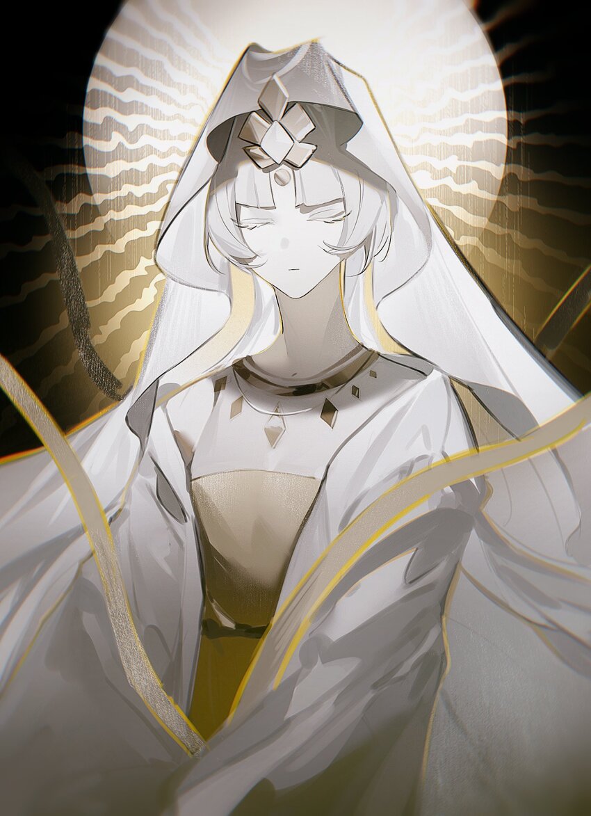 1girl chinese_clothes cookie_run cookie_run:_kingdom diamond_(gemstone) highres long_sleeves mystic_flour_cookie pale_skin robe senlly_2507 solo veil white_hair white_robe white_veil wide_sleeves