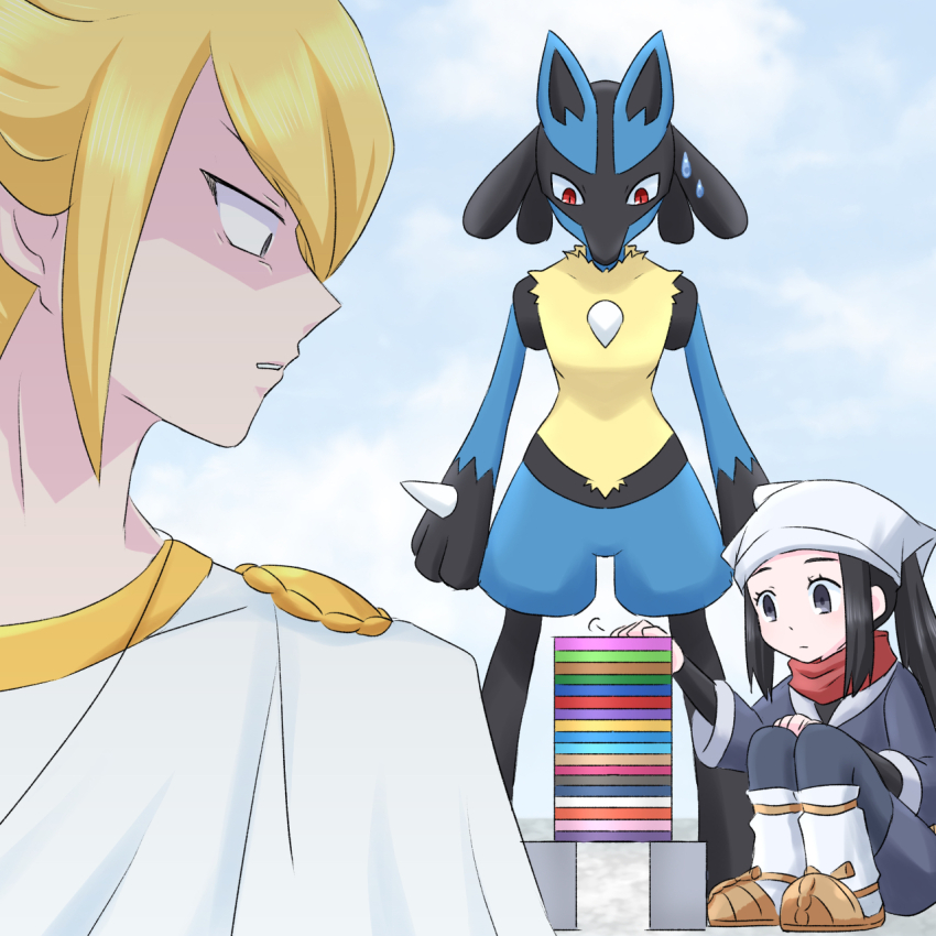 1boy 1girl akari_(pokemon) black_eyes blonde_hair commentary_request day gen_4_pokemon grey_eyes hat headscarf highres hinotogi long_hair looking_back lucario nintendo official_alternate_costume official_alternate_hairstyle outdoors pokemon pokemon_(creature) pokemon_legends:_arceus red_eyes red_scarf scarf short_hair spoilers squatting stacking stone_tablet sweat volo_(pokemon) white_headscarf
