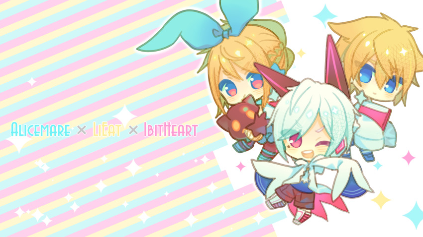 1bitheart 1girl 2boys blonde_hair blue_eyes blue_ribbon book character_request chibi creature crossover efina hair_ribbon highres lieat miwasiba multiple_boys multiple_crossover original red_eyes ribbon silver_hair sparkle star_(symbol) yellow_eyes
