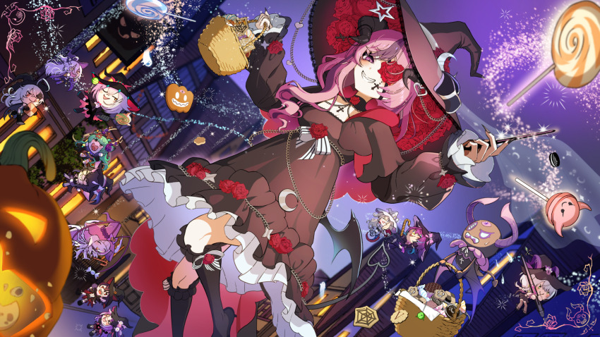 1boy 5girls animal_ears apricot_the_lich arthropod_girl basket black_boots black_dress black_hat black_nails boots bubi_(ironmouse) cockroach_girl deer_ears deer_girl demon_girl demon_horns demon_tail dress flower_in_eye geega_(vtuber) haruka_karibu hat henya_the_genius highres hime_hajime holding holding_basket horns ironmouse ironmouse_(witch) kson kuro_kurenai looking_at_viewer matara_kan melody_(projektmelody) michi_mochievee monster_girl multiple_girls nail_polish smile solo symbol_in_eye tail virtual_youtuber vshojo witch_hat yuarima2
