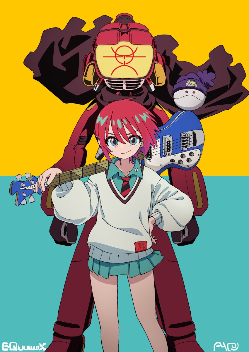 1girl absurdres amate_yuzuriha aqua_eyes aqua_shirt aqua_skirt bass_guitar canti closed_mouth creator_connection crossover electric_guitar flcl guitar gundam gundam_gquuuuuux haro hat highres holding holding_guitar holding_instrument humanoid_robot instrument long_sleeves looking_at_viewer luvluvvox necktie red_hair robot school_uniform shirt short_hair skirt smile sweater television