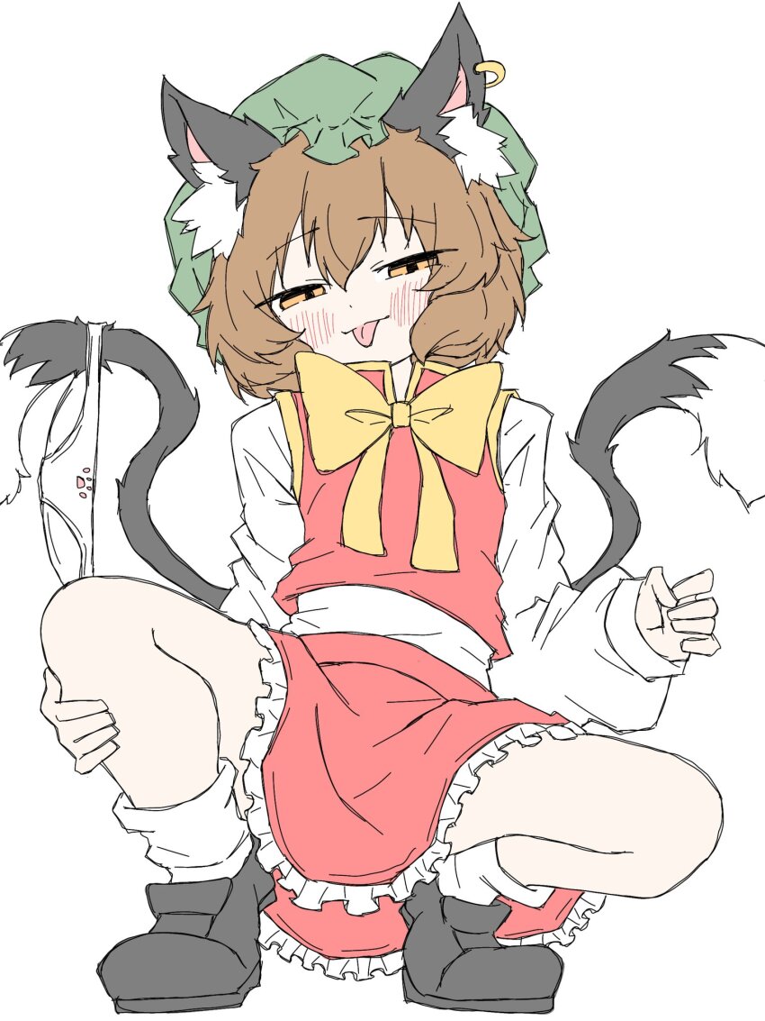 1girl :p animal_ear_fluff animal_ear_piercing animal_ears bare_legs blush bow bowtie brown_eyes brown_hair cat_ears cat_tail chen commentary_request dot_nose double-parted_bangs earrings flat_chest frills full_body fumomono gold_trim hair_between_eyes half-closed_eyes hat highres jewelry long_sleeves looking_at_viewer mob_cap multiple_tails nekomata panties panties_on_tail petticoat puffy_long_sleeves puffy_sleeves red_skirt red_vest shoes short_hair simple_background single_earring skirt skirt_set solo squatting tail tongue tongue_out touhou two_tails underwear vest white_background yellow_bow yellow_bowtie