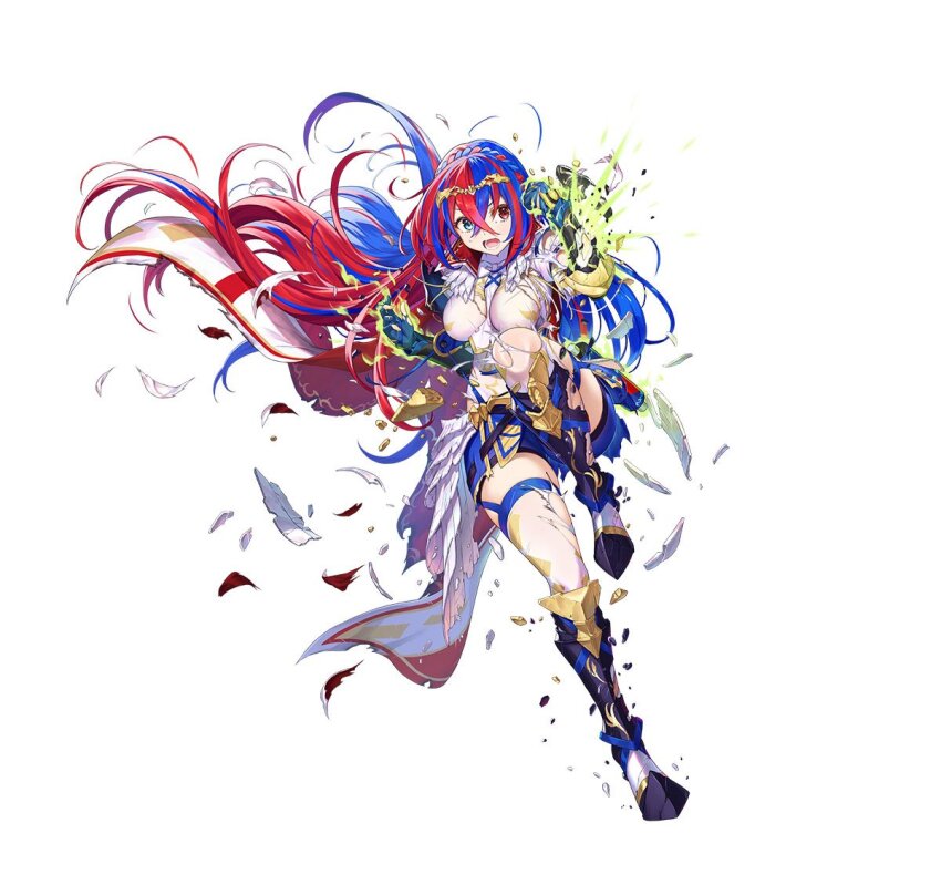 1girl armor blue_eyes blue_hair braid breasts crossed_bangs crown_braid female_alear_(awoken_divinity)_(fire_emblem) female_alear_(fire_emblem) fire_emblem fire_emblem_engage fire_emblem_heroes full_body gloves heterochromia jewelry kousei_horiguchi long_hair looking_at_viewer medium_breasts multicolored_hair nintendo official_art red_eyes smile solo split-color_hair tiara two-tone_hair very_long_hair