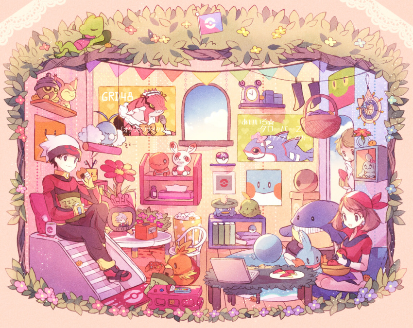00s 10s 1girl 2boys bad_id bad_pixiv_id bandana basket bike_shorts black_hair book bookshelf brendan_(pokemon) brown_hair bunting chair clock clothed_pokemon clothesline coffee_table computer controller cushion doll eating fingerless_gloves game_console game_controller gen_3_pokemon gloves groudon indoors kabocha_torute kyogre laptop laundry legendary_pokemon lotad master_ball may_(pokemon) microphone mudkip multiple_boys nintendo open_mouth pennant plate poke_ball poke_ball_symbol pokeblock pokeblock_case pokemon pokemon_(creature) pokemon_oras pokemon_rse poster_(object) ralts rug seedot shelf short_hair sitting skitty socks spinda starter_pokemon_trio steven_stone string_of_flags swablu table television torchic trapinch treecko unworn_socks wailmer wally_(pokemon) window wooden_floor wynaut