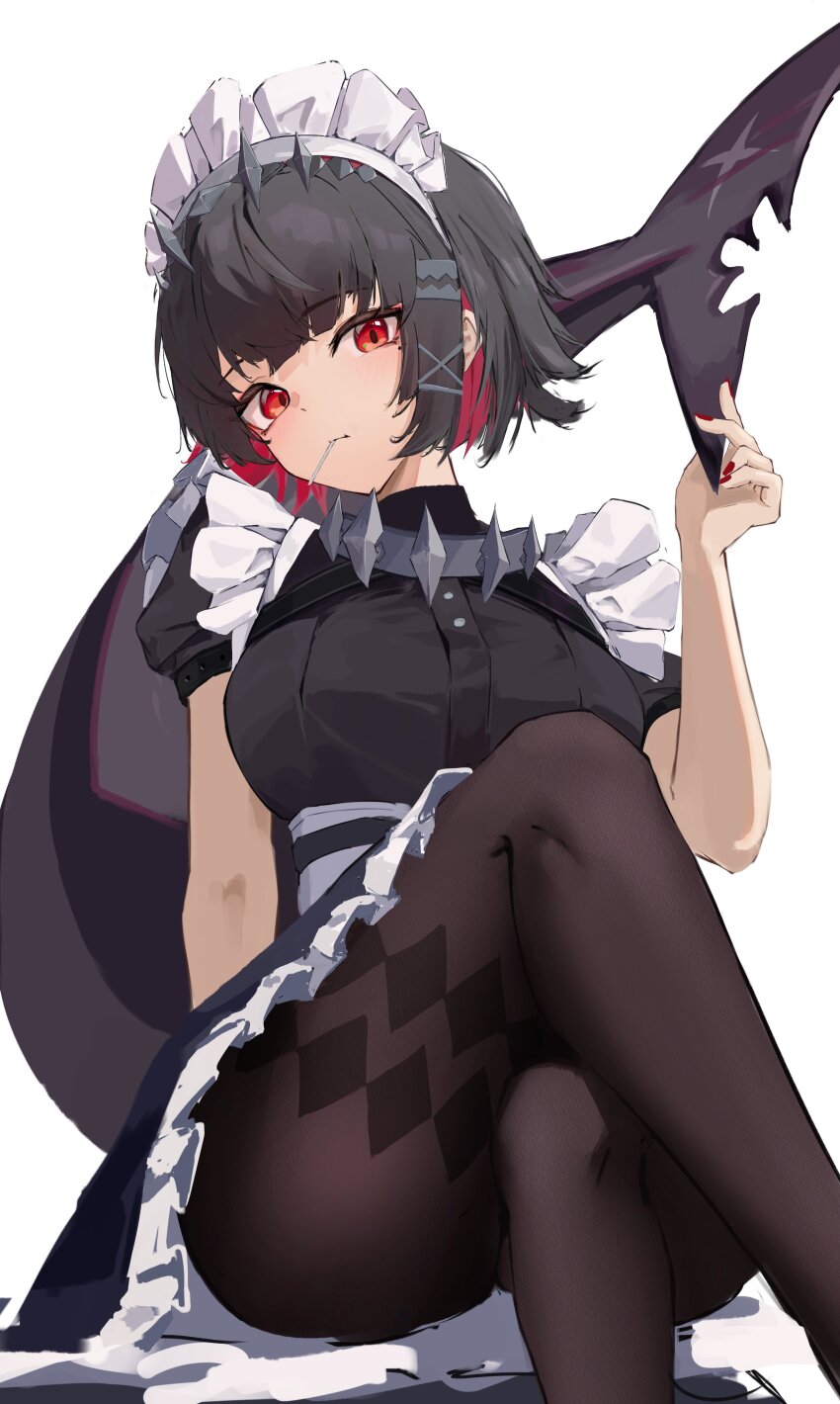 1girl absurdres argyle_clothes argyle_pantyhose black_dress black_hair black_pantyhose colored_inner_hair crossed_legs dress ellen_joe fins fish_tail food_in_mouth hair_ornament hashtag-only_commentary highres looking_at_viewer maid_headdress multicolored_hair nail_polish nekomatamago pantyhose puffy_short_sleeves puffy_sleeves red_eyes red_hair shark_girl shark_tail short_hair short_sleeves simple_background sitting solo streaked_hair tail white_background white_headdress x_hair_ornament zenless_zone_zero