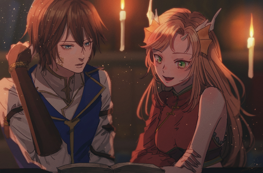 1boy 1girl blue_jacket book brown_gloves brown_hair candle commission fins fire gloves green_eyes head_fins highres horns jacket kurosujuu light_particles long_hair open_book open_mouth original parted_lips red_shirt shirt single_sleeve skeb_commission sleeveless sleeveless_jacket white_shirt