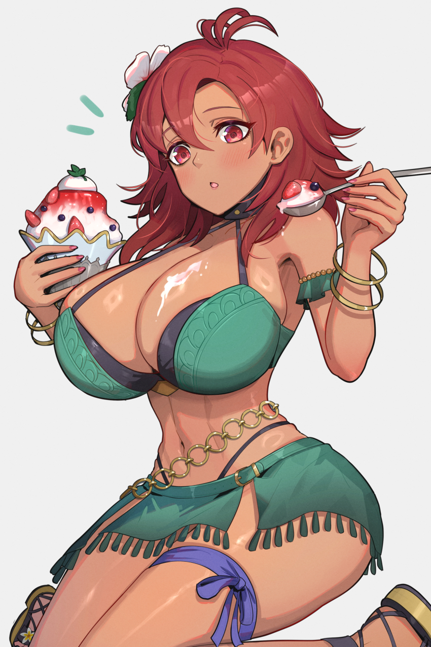 1girl absurdres accident bare_shoulders berry bikini black_choker blush bracelet breasts choker cleavage clumsy dark-skinned_female dark_skin fire_emblem fire_emblem:_three_houses fire_emblem_heroes flower food fruit gonzarez green_bikini hair_flower hair_ornament hapi_(fire_emblem) hapi_(summer)_(fire_emblem) highres holding holding_food holding_ice_cream holding_spoon ice_cream jewelry kneeling large_breasts long_hair melting melting_ice_cream navel nintendo official_alternate_costume open_mouth platform_sandals red_eyes red_hair sandals shaved_ice skindentation solo spoon stomach strawberry swimsuit thick_thighs thighs wide_sleeves
