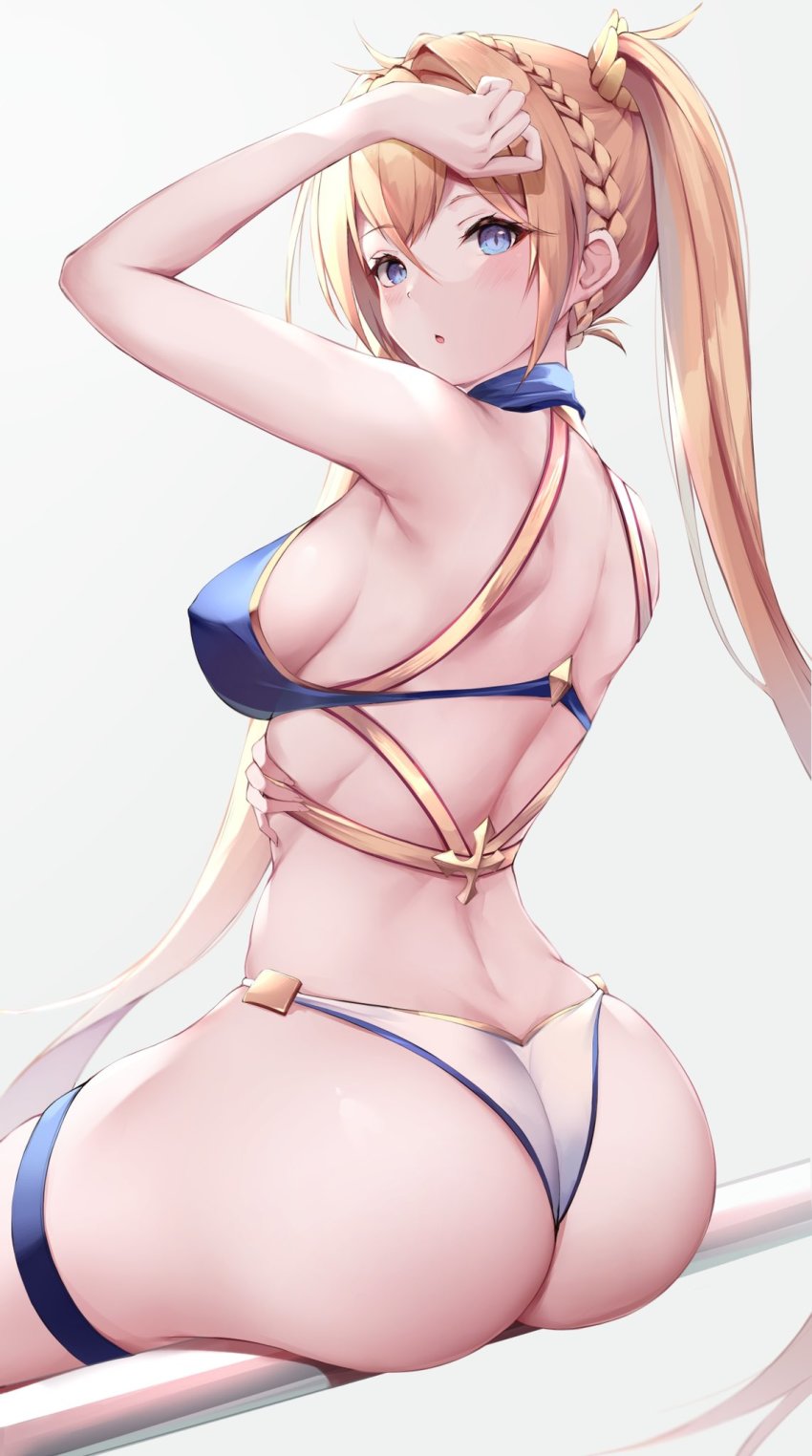 1girl armpits ass ass_support bare_shoulders bikini blonde_hair blue_bikini blue_eyes blush bradamante_(fate) bradamante_(third_ascension)_(fate) braid breasts duplicate fate/grand_order fate_(series) from_behind hair_intakes hair_ornament highres huge_ass kisaki_oni large_breasts long_hair looking_at_viewer looking_back mismatched_bikini open_mouth panties shiny_skin sideboob simple_background solo swimsuit thigh_strap thong twintails underwear very_long_hair white_background white_bikini