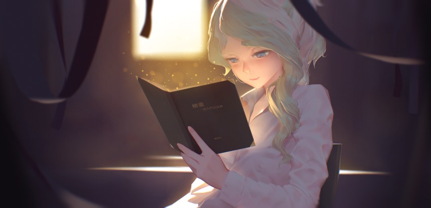 10s 1girl backlighting blonde_hair blue_eyes blurry blurry_background book chair depth_of_field diana_cavendish female_focus highres indoors light light_particles lipgloss lips little_witch_academia multicolored_hair open_book open_collar reading shirt sitting smile solo two-tone_hair white_shirt window xini_m