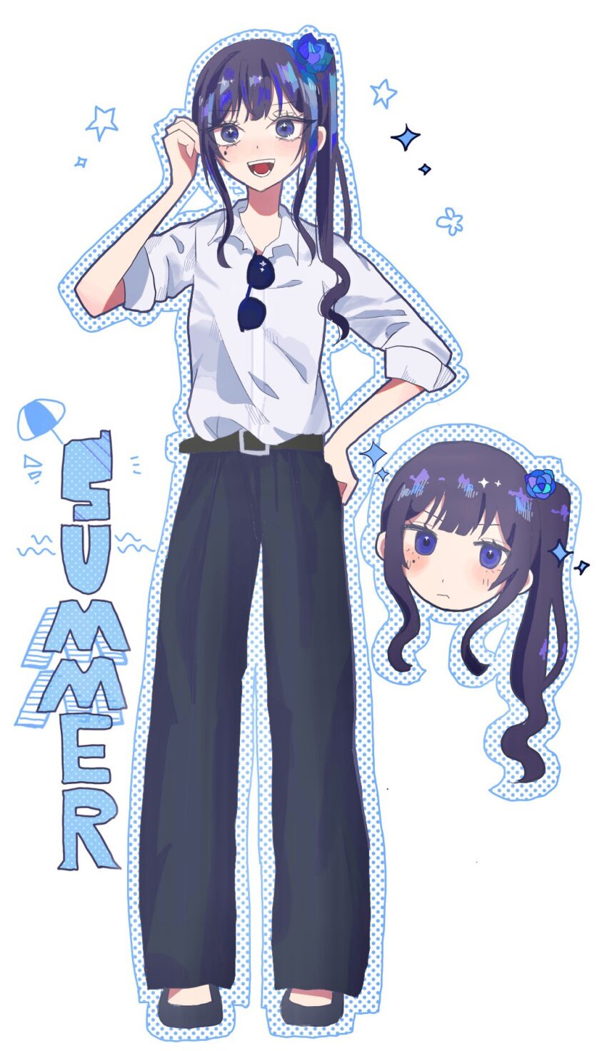 1girl ado_(utaite) belt black_belt black_hair black_pants blue_eyes blue_flower blue_outline blue_rose chando_(ado) commentary dress_shirt english_text flower full_body hair_flower hair_ornament hayakawasakushiido highres long_hair looking_at_viewer mole mole_under_eye one_side_up open_mouth outline pants rose shirt simple_background sleeves_rolled_up solo three-quarter_sleeves utaite white_background white_shirt
