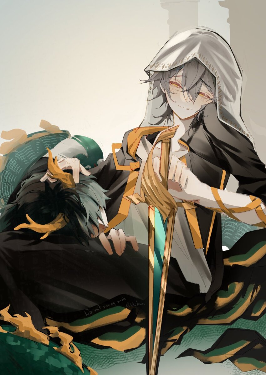 2boys arm_ribbon artist_name black_coat black_hair black_pants black_shirt blush caelus_(honkai:_star_rail) chinese_clothes closed_mouth coat dan_heng_(honkai:_star_rail) dan_heng_(permansor_terrae)_(honkai:_star_rail) dragon_boy dragon_horns dragon_tail grey_hair hair_between_eyes half-closed_eyes hand_up highres holding holding_sword holding_weapon honkai:_star_rail honkai_(series) hood hooded_coat horns kikatsune lapels long_hair long_sleeves looking_at_another looking_down low_ponytail lying lying_on_lap male_focus multiple_boys no_pupils official_alternate_costume official_alternate_hairstyle open_clothes open_coat orange_coat pants ponytail ribbon shirt short_hair simple_background sitting sleeping smile sword t-shirt tail trailblazer_(honkai:_star_rail) two-sided_coat two-sided_fabric veil weapon white_background white_coat white_shirt white_veil yaoi yellow_eyes