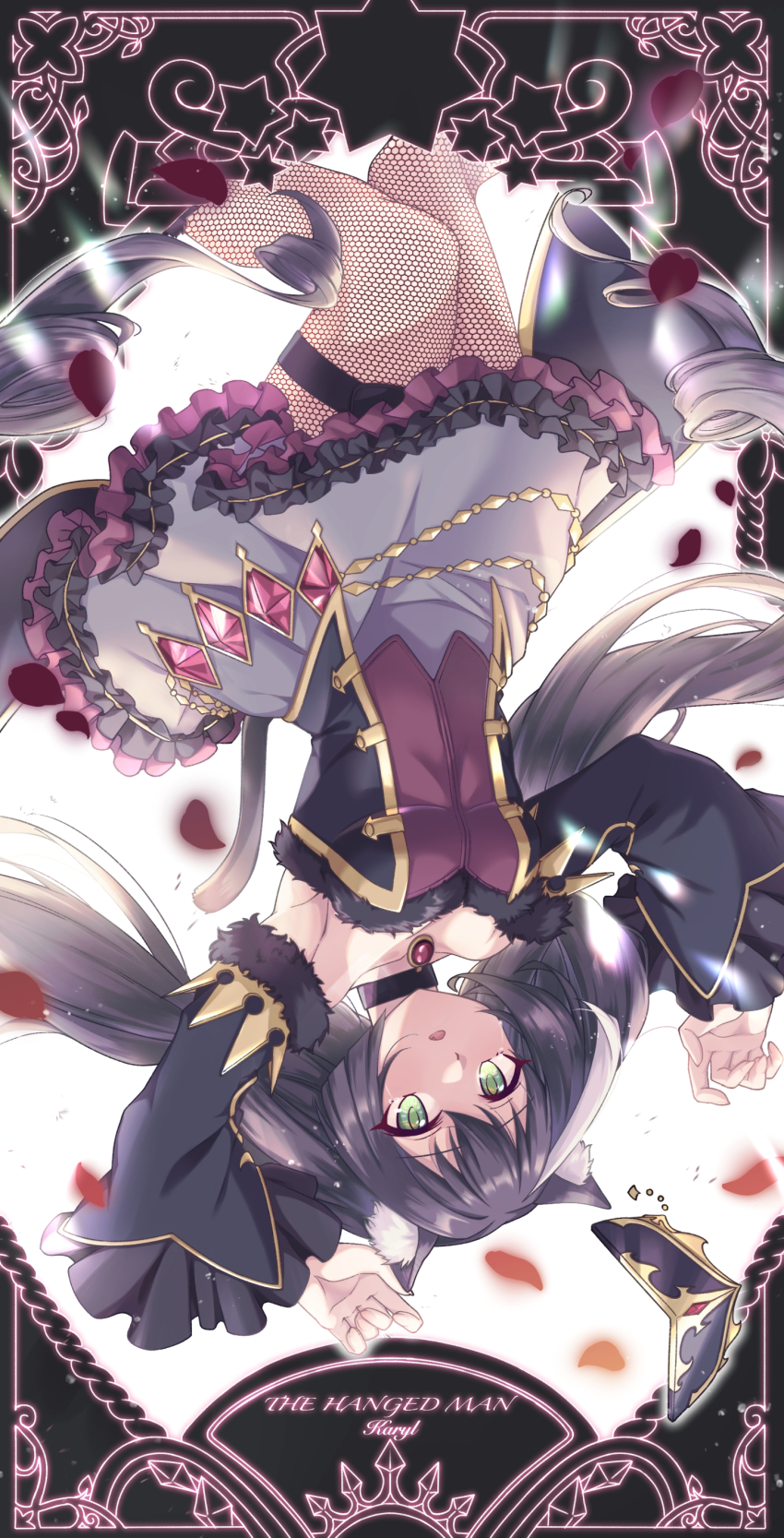 1girl absurdres altheavin animal_ear_fluff animal_ears black_hair card cat_ears cat_girl cat_tail dress fishnet_pantyhose fishnets green_eyes highres karyl_(princess_connect!) low_twintails multicolored_hair pantyhose petals princess_connect! rose_petals solo strapless strapless_dress streaked_hair tail tail_raised tarot tarot_card the_hanged_man_(tarot) twintails white_hair