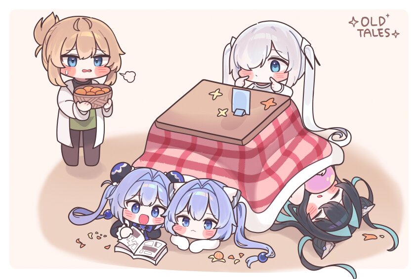 5girls abe_(nikke) absurdres black_sweater blonde_hair blue_eyes blush blush_stickers cellphone cinderella_(nikke) coat deformed english_text goddess_of_victory:_nikke gretel_(nikke) hair_intakes hair_over_one_eye hansel_(nikke) highres little_mermaid_(nikke) long_hair long_sleeves mming_(mmingis18) multiple_girls old_tales_(nikke) open_mouth phone smile sweater taking_picture turtleneck turtleneck_sweater twintails very_long_hair white_coat white_sweater