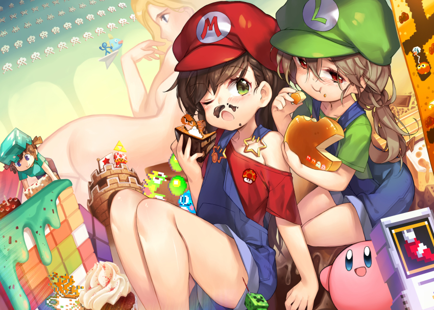 4girls :t ;o absurdres arch arm_at_side arm_support ass bare_arms bare_legs bent_over blonde_hair blue_overalls bob_(bubble_bobble) breasts brothers bub_(bubble_bobble) bubble_bobble cake candle character_print character_request cheese chocolate_cake closed_mouth collarbone copyright_request crossover dig_dug eating eyebrows eyelashes fake_facial_hair fake_mustache fish flag flat_chest food food_on_face genderswap genderswap_(mtf) giant giantess goomba green_eyes green_hat green_shirt hair_between_eyes hat highres holding holding_food ice_cream item_box_(sonic) kaori_(parodius) kirby kirby_(series) knees_up light_brown_hair long_hair looking_at_another looking_at_viewer low_twintails luigi mario mario_(series) messy_hair minecraft multiple_crossover multiple_girls mushroom nintendo nude off_shoulder one_eye_closed overalls pac-man pac-man_(game) paper_airplane parodius pixels pooka_(dig_dug) purple_eyes red_eyes red_hat red_shirt sankyaku_tako shade shirt short_sleeves siblings sisters sitting small_breasts smile soft_serve sonic_(series) star_(symbol) stick_figure super_mario_bros._1 t-shirt toad_(mario) tower triangle twins twintails unbuckled
