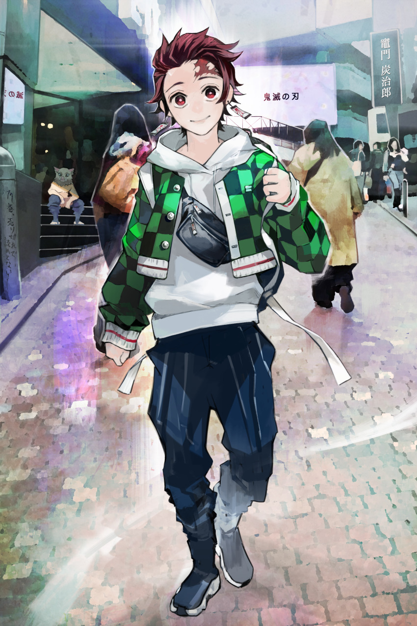 2boys absurdres black_bag blue_pants boar_mask checkered_clothes checkered_jacket closed_mouth contemporary drawstring earrings facial_mark fanny_pack forehead_mark full_body green_jacket hanafuda_earrings hashibira_inosuke highres hood hood_down hoodie jacket jewelry kamado_tanjirou kimetsu_no_yaiba kyuuba_melo looking_at_viewer male_focus multiple_boys open_clothes open_jacket pants people red_eyes red_hair solo_focus standing topless_male white_hoodie