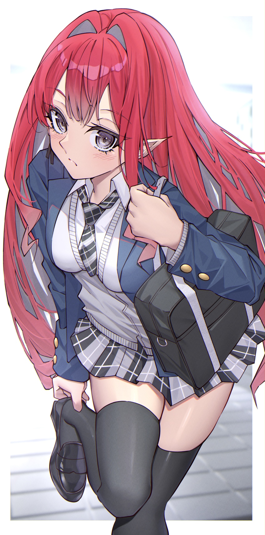 1girl absurdres bag baobhan_sith_(fate) black_thighhighs blazer blue_jacket blush breasts fate/grand_order fate_(series) grey_eyes grey_skirt highres jacket long_hair looking_at_viewer miniskirt pink_hair pointy_ears school_uniform shoulder_bag sidelocks skirt solo thighhighs toukan