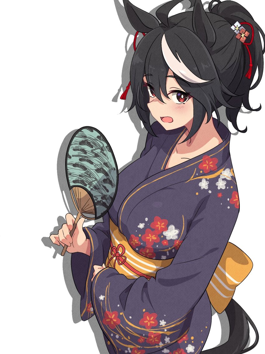 1girl animal_ears black_hair black_kimono breasts hand_fan highres holding holding_fan horse_ears horse_girl horse_tail japanese_clothes kimono kitasan_black_(umamusume) large_breasts looking_at_viewer multicolored_hair open_mouth paper_fan red_eyes solo streaked_hair tail uchiwa umamusume wa_(wamizest7)
