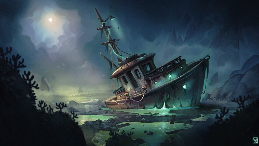 abandoned boat cloud dilapidated fog foliage glowing grass highres mountain nature no_humans original outdoors partially_submerged puddle railing rock ruins rust scenery shipwreck sky waltjan water watercraft