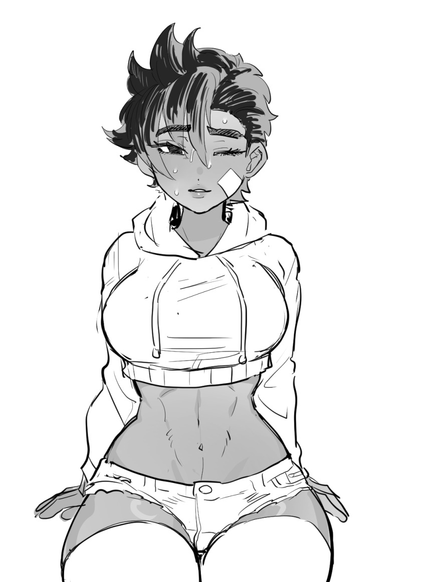 1girl bandaid bandaid_on_face black_hair blush cowboy_shot cutoffs dancho_no_mori dark-skinned_female dark_skin drawstring facing_viewer genderswap genderswap_(mtf) greyscale hand_wraps lips little_mac looking_at_viewer monochrome navel nintendo one_eye_closed punch-out!! short_hair shorts sitting smile solo sweat thick_thighs thighhighs thighs wide_hips