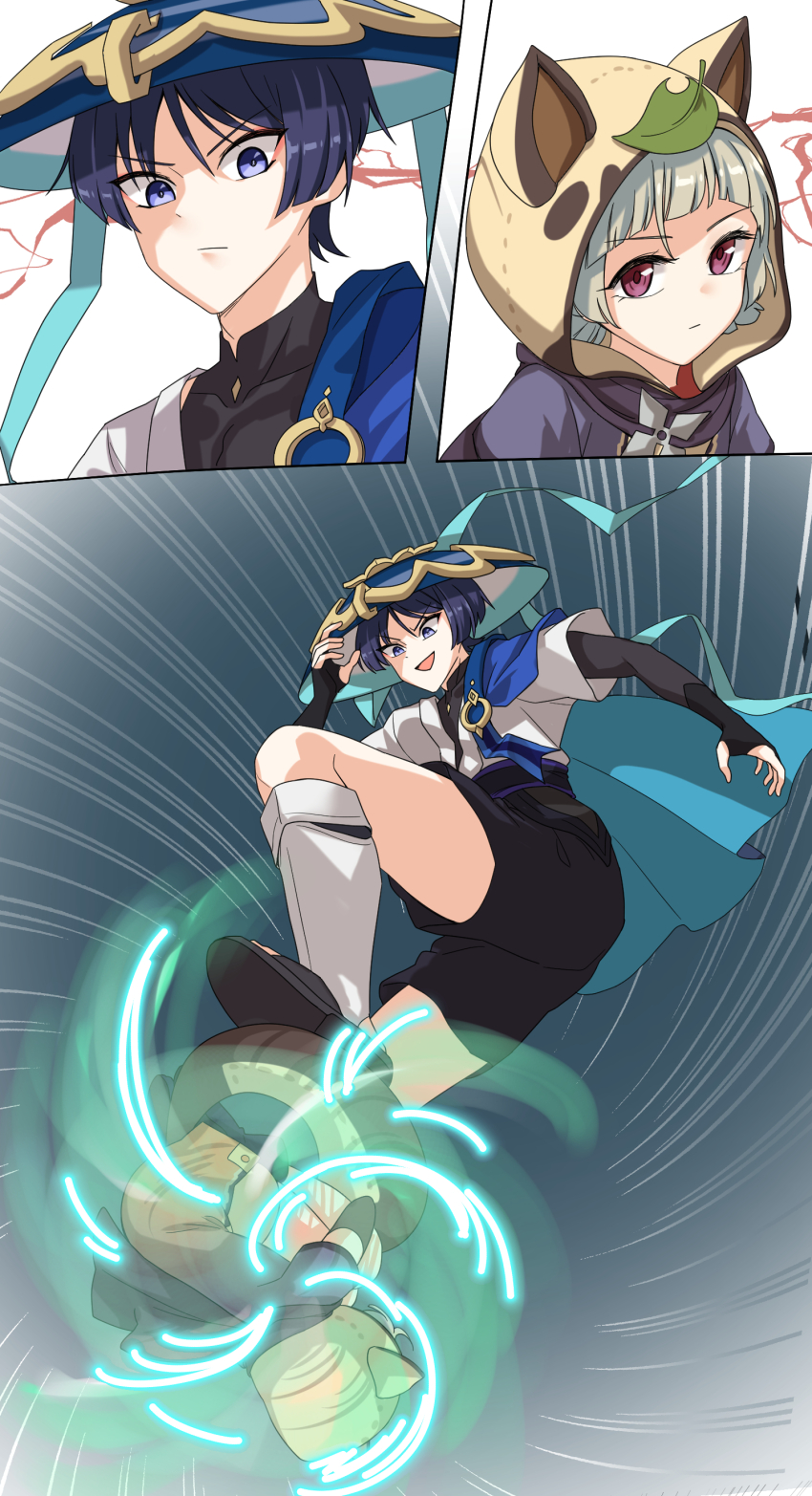 1boy 1girl :d absurdres animal_ears ass black_scarf black_shorts blunt_bangs bridal_gauntlets comic commentary_request curling dulldull fake_animal_ears fake_tail genshin_impact grey_hair hair_between_eyes hat highres japanese_clothes jingasa leaf leaf_on_head low_twintails ninja open_mouth purple_eyes raccoon_ears raccoon_hood raccoon_tail sayu_(genshin_impact) scaramouche_(genshin_impact) scarf short_hair short_sleeves shorts shuriken sidelocks silent_comic smile stomping tail twintails v-shaped_eyebrows wanderer_(genshin_impact) weapon