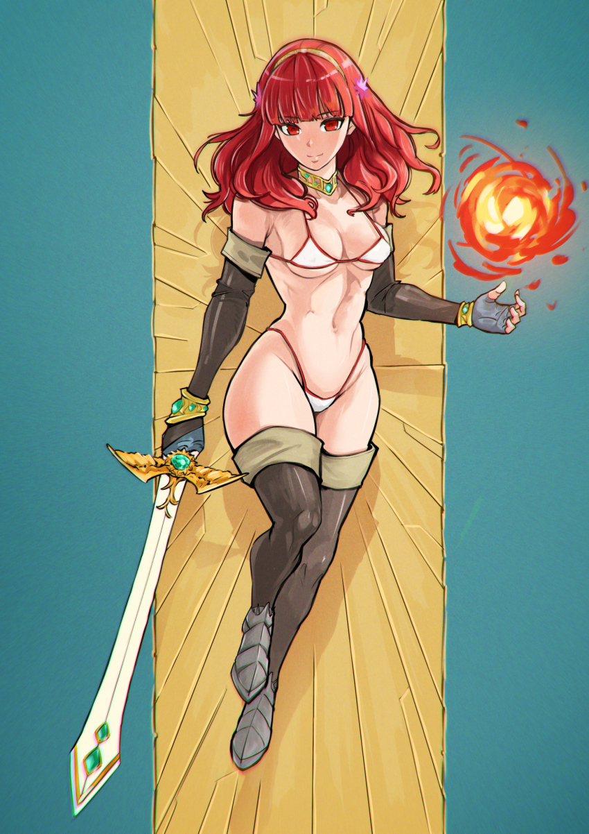 1girl @storm5958 armor armored_boots bikini bikini_armor black_gloves black_thighhighs blunt_bangs boots breasts celica_(fire_emblem) cleavage collar commentary_request commission elbow_gloves erica_lindbeck fire fire_emblem fire_emblem_echoes:_shadows_of_valentia full_body gloves gold_hairband hairband highleg highleg_bikini highres jake_brito leather leather_boots long_hair medium_breasts metal_collar nintendo pixiv_commission red_eyes red_hair red_trim sarad_udon sideboob solo swimsuit sword thigh_boots thighhighs touyama_nao underboob vambraces weapon white_bikini