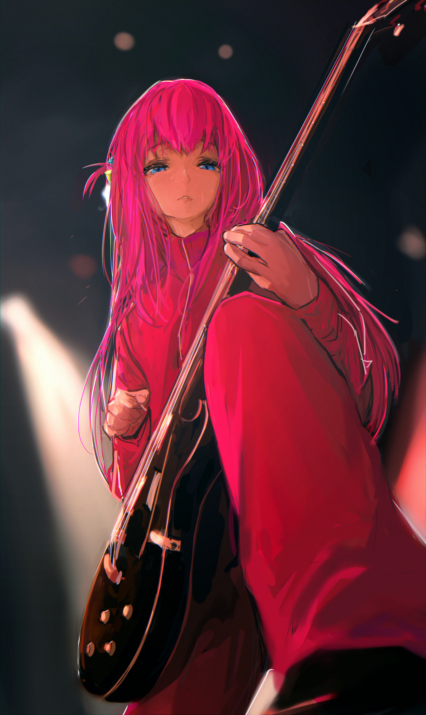 1girl absurdres blue_eyes blurry blurry_background bocchi_the_rock! cube_hair_ornament electric_guitar feet_out_of_frame gibson_les_paul gotoh_hitori guitar hair_ornament higemu highres holding holding_instrument instrument jacket long_hair long_sleeves looking_at_viewer music one_side_up pants pink_hair pink_jacket pink_pants playing_instrument solo stage_lights standing track_jacket very_long_hair