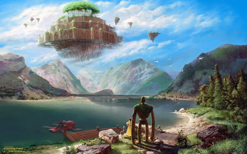 1girl aircraft bird blue_sky castle cloud day dock dress floating floating_island flying goat grass highres house lake laputa_robot mountain oliver_wetter robot rock scenery sky studio_ghibli tagme tenkuu_no_shiro_laputa tree yellow_dress