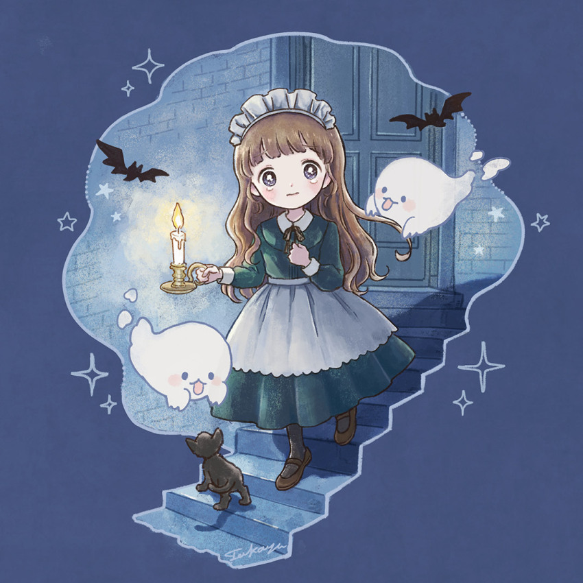 1girl animal apron bat_(animal) black_shoes blush brown_hair candle cat door dress ghost halloween holding holding_candle long_hair maid maid_headdress mary_janes original purple_background purple_eyes scared shadow shoes signature simple_background solo stairs star_(symbol) tearing_up tokoyu wavy_hair white_apron