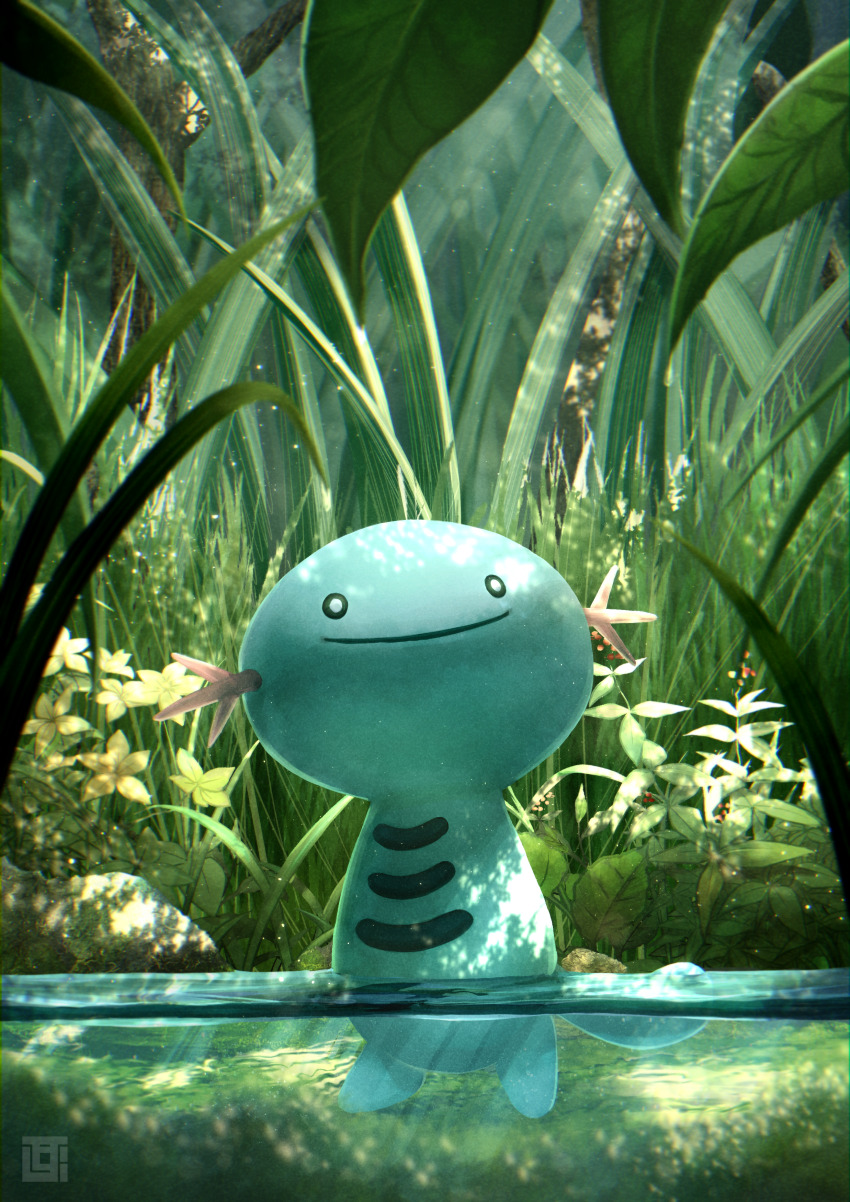 absurdres black_eyes closed_mouth commentary_request day flower gen_2_pokemon highres kozsen_810290 leaf looking_up nintendo no_humans outdoors partially_underwater_shot pokemon pokemon_(creature) smile solo standing wading water wooper yellow_flower