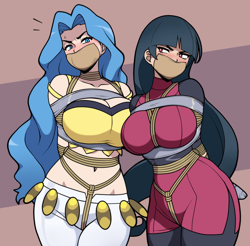 1girl arms_behind_back bdsm belly bondage bound bound_arms bound_legs collarbone crotch_rope gag gagged highres improvised_gag jam-orbital karen_(pokemon) midriff navel nintendo peril pokemon pokemon_frlg pokemon_hgss restrained sabrina_(pokemon) sweatdrop tape tape_bondage tape_gag taped_arms taped_fingers taped_hands